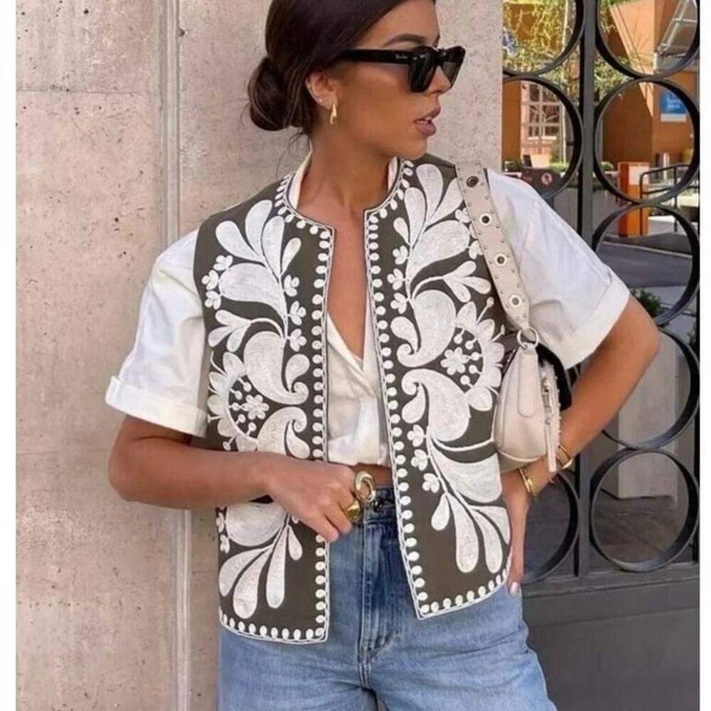 Zara Boho Contrast EMBROIDERED Vest KHAKI SIZE M